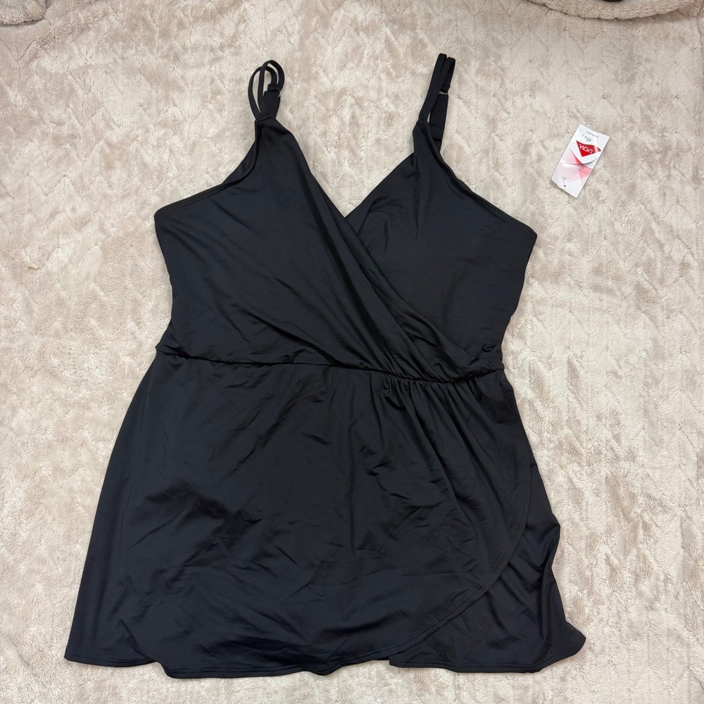Lands End Women 3X Black Swim Dress Surplice Wrap One Piece Swimsuit 24W-26W NEW